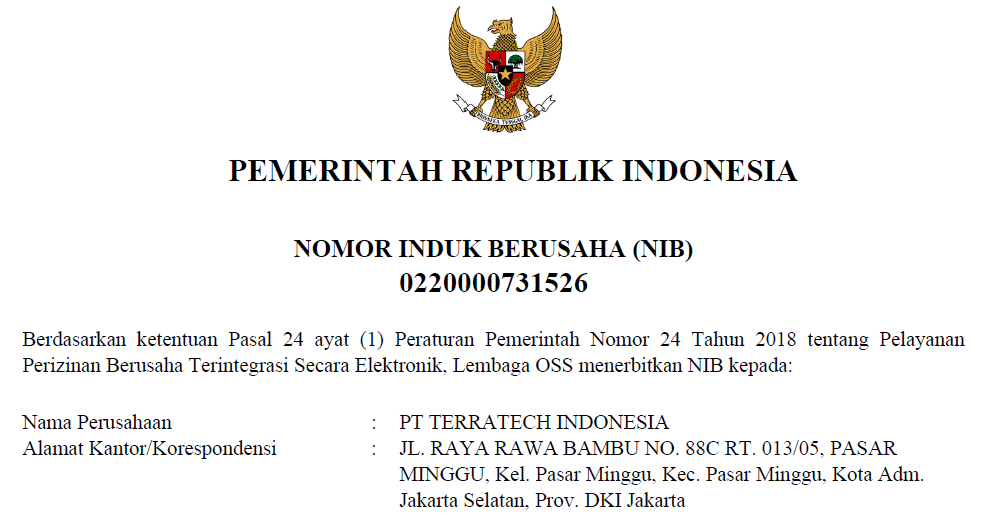 NIB PT Terratech Indonesia